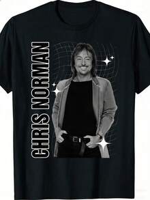 New 2026 T-Shirt With Chris Norman Portrait And Name Print, Black, Unisex | Casual Style, Crew Neck Design, Regular Fit - Suitable For All Seasons. Designed With Prints For Music Lovers And For Everyday Casual Wear, Perfect For Travel, Home And Parties, An Ideal Gift For Women And Men. - 黑色 - 查看 1