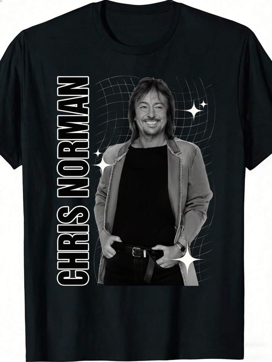 New 2026 T-Shirt With Chris Norman Portrait And Name Print, Black, Unisex | Casual Style, Crew Neck Design, Regular Fit - Suitable For All Seasons. Designed With Prints For Music Lovers And For Everyday Casual Wear, Perfect For Travel, Home And Parties, An Ideal Gift For Women And Men. - 黑色 - 查看 1