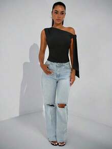 Blusa elegante de mujer con cuello asimétrico y hombro oblicuo con lazo, adecuada para uso diario, citas, salidas, discoteca, fiestas y reuniones - Multicolor - Ver 5