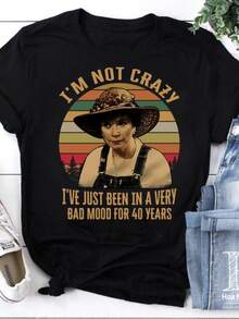 Camiseta Deportiva Casual para Mujer en Negro con Gráfica Vintage y Texto Humorístico - Camiseta Elástica de Cuello Redondo, Lavable aáquina, Ajuste Cómodo para Todas las Estaciones, Perfecta para un Look Divertido y Casual. - Negro - Ver 6