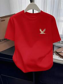 Camiseta de Verano de Alta Gama para Mujer, Estampada, Vintage, Elegante, Exquisita, a la Moda, de Algodón Puro, de Manga Corta, con Estampado de Conejo de Dibujos Animados, Sencilla y Linda, Creativa, Suave y Cómoda, Holgada e Informal, Adecuada para Deportes Urbanos, una Excelente Opción para Regalos de Vacaciones. - Rojo - Ver 1