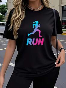 Women's Printed T-Shirt With Colorful RUN And Wavy Hair Design - Casual Short Sleeve Crew Neck T-Shirt, Relaxed Fit For All Seasons, Perfect For Daily Wear And Holidays, Machine Washable. - Black - View 1