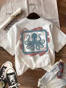 | Exquisite Design | Loose And Comfortable | Easy To Match | [Double-Sided Print] Women's Summer Clothes, Vintage Style, Wave And Octopus Print, Pure Cotton T-Shirt, Casual For Daily Wear, Round Neck, Short Sleeve - 白色 - 查看 2