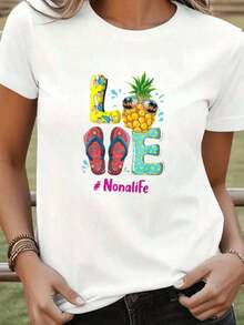 1pc Women's Short Sleeve Pineapple Print Camisole And LOVE Sandals Nonalife For Summer Beach And Travel Casual And Fun Style 2026 Suitable As A Gift. Women's T-Shirt. Blouses>Elegant. Boho Chic, Soft, Breathable And Comfortable Women's Top, Ideal For Spring, Summer And Autumn, Perfect For Vacation, Travel And Daily Wear. - 白色的 - 查看 2