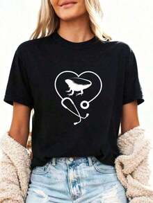 Women's Short-Sleeved T-Shirt, 100% Cotton, Breathable And Skin-Friendly, With A Fun "Veterinary Medicine" Paw Print. Casual, Loose-Fitting, And Oversized Style, Suitable For Pet Lover Gatherings, Daily Commutes, And Outings. European And American Style Plus-Size Women's Clothing. Crew Neck, 100% Cotton, Soft Fabric, Short Sleeves - 黑色 - 查看 6