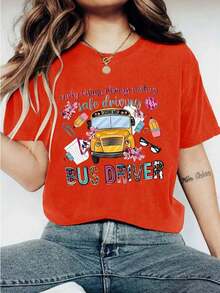 Short-Sleeved T-Shirt With Bus Print, Casual Round Neck Top For Spring And Summer, Women's Clothing, Round Neck, 100% Cotton, Soft Fabric, Short Sleeve. - 紅色 - 查看 6