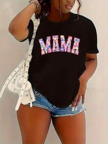 Women's Graphic Tees, Casual Crew Neck T-Shirt With Geometric "MAMA" Print, Comfortable For Everyday Wear | Vibrant Design | Machine-Washable Cotton Mother's Day Themed T-Shirt, Comfortable And Soft For Mom And Daughter. Casual Printed T-Shirt For Women, Short Sleeves And Crew Neck, Local Spring/Summer Streetwear. - 黑色 - 查看 6
