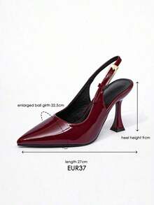 Wide Fit Black Glossy Buckle Decor Backstrap Stiletto Mid Heel Sandals, Fit For Casual, Evening Party, Fashion Dress Up For Plus Size Women - 酒紅色 - 查看 3