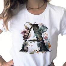 Women's Short-Sleeved T-Shirts, Round Neck, 100% Cotton, New Women's T-Shirt, Custom Printing With Name And Letter Combination, Floral Letter Print T-Shirt, Short Sleeve, Feminine T-Shirts. - 白色 - 查看 4