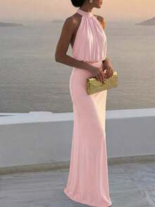Vestido elegante y digno de invitada de boda con elástico, vestido largo fruncido de cuello halter con tela brillante - Rosa Pálido - Ver 2