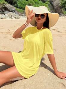 Swim Vcay Encubrimiento de playa para vacaciones de verano de unicolor transparente y de moda para mujer - Amarillo - Ver 3