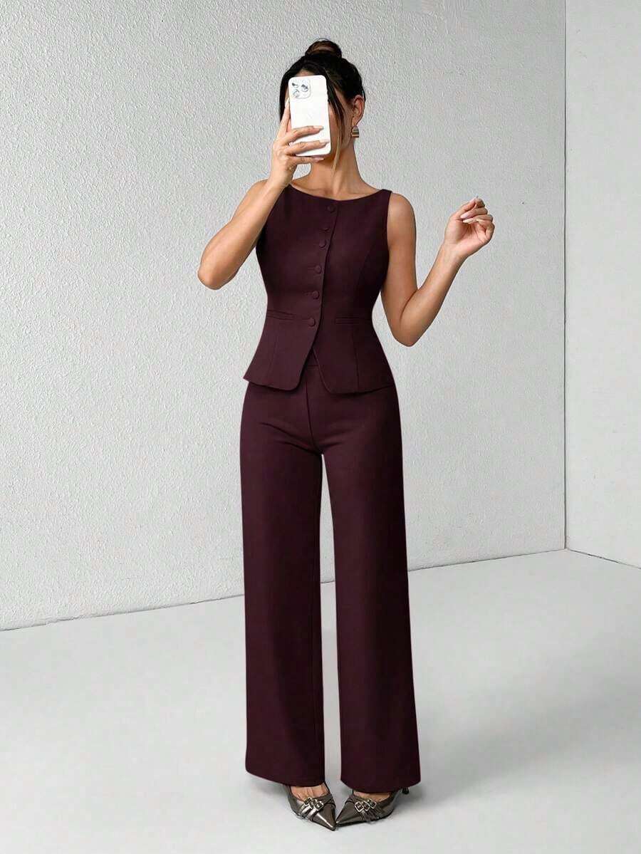 PETITE Conjunto de chaleco y pantalones de un solo pecho de unicolor con cuello redondo, elegante traje de oficina para mujer, ropa de mujer de verano y otoño, conjunto de oficina, ropa casual de negocios, conjunto de dos piezas, ropa de oficina de otoño para mujer, conjunto de blazers para mujer - Granada - Ver 1