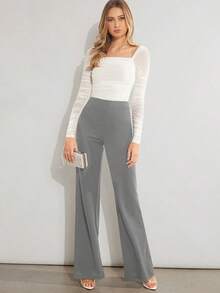 Pantalones de pierna ancha unicolor de talle alto - Gris - Ver 3