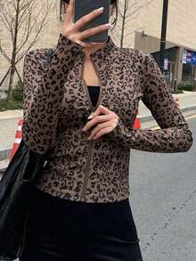 Chaqueta Ajustada Con Cierre De Cremallera Para Mujer - Marrón - Ver 1