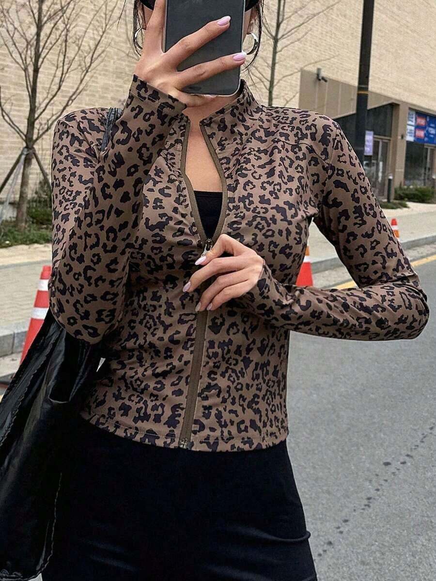 Chaqueta Ajustada Con Cierre De Cremallera Para Mujer - Marrón - Ver 1