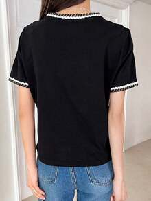 Camiseta De Manga Abullonada Con Ribete De Contraste - Negro - Ver 10