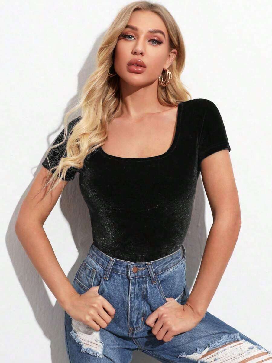 Privé Top de terciopelo de cuello redondo - Negro - Ver 1