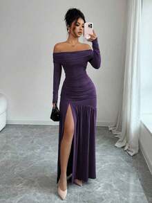 Vestido de punto ajustado de manga larga con hombros descubiertos, elegante y vintage, adecuado para otoño/invierno, Halloween - Morado - Ver 1
