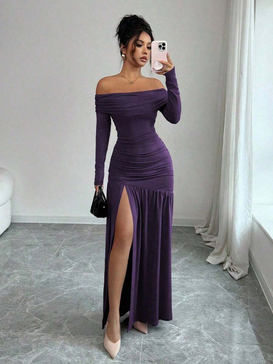 Vestido de punto ajustado de manga larga con hombros descubiertos, elegante y vintage, adecuado para otoño/invierno, Halloween - Morado - Ver 1