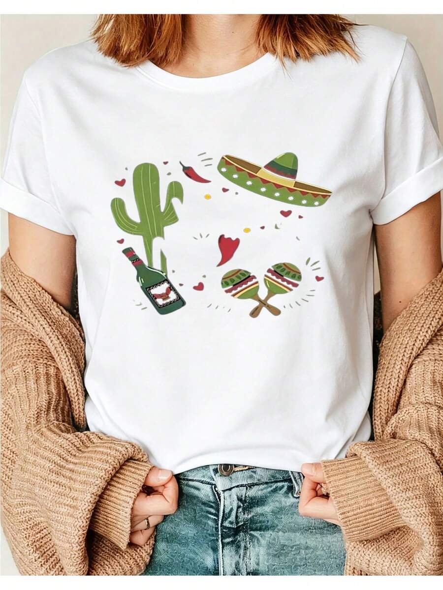 Women's Short-Sleeve Cropped T-Shirt With Mexican Graphic Print "Viva México" Featuring A Saguaro Cactus, Sombrero, And Maracas; Casual Summer T-Shirt With Sunglasses; Perfect Everyday Style I01; Crew Neck Short-Sleeve T-Shirt Suitable For All Seasons. - 白色 - 查看 1