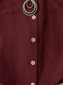 Camisa casual de moda cómoda para mujer de talla grande, de unicolor, con cierre de botones completo, cuello de solapa, manga corta y bolsillos dobles - Burdeos - Ver 5