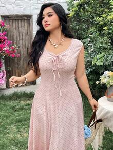 Vestido casual de línea A con cintura ceñida y mangas cortas con lunares para tallas grandes - Beis - Ver 3