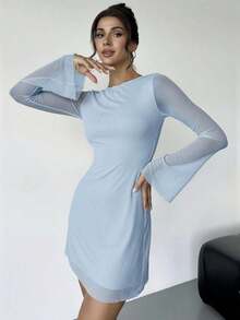 Vestido mini minimalista, elegante y sexy de lunares blanco y negro para mujer, estilo retro con cuello barco, mangas acampanadas, cintura alta y línea A, ideal para primavera/verano, Día de San Valentín - Celeste - Ver 7