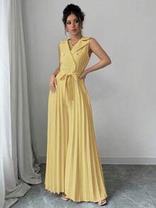 Mono plisado con diseño de chaleco cruzado elegante para mujer, color albaricoque, para primavera y otoño - amarillo ganso - Ver 3