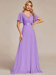 Vestido de dama de honor con cuello en V elegante, mangas con volantes y mariposa, color verde salvia, vestido de invitada de boda, vestido de primavera semi-formal para boda, fiesta de cumpleaños, graduación, Día de San Valentín - Lila Púrpura - Ver 3
