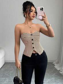 Top corto sin mangas con botones delanteros y estampado de pata de gallo, para uso en oficina o viajes, de moda para el verano - Café integral - Ver 7