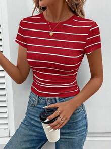 LUNE Conjunto deportivo de tiempo libre para atletismo, ciclismo, running, baloncesto - Camiseta casual cómoda de cuello redondo, ajustada, a rayas blancas y negras con recogido en la cintura, para mujer - Rojo - Ver 2