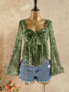 Women's Vacation Back To School Fall Floral Print V-Neck Long Sleeve Babydoll Vintage Tops, Bohemian Sheer Top Boho Blouses Vintage Tops Women Bohemian Top Boho Tops For Women WFED - 綠色 - 查看 3