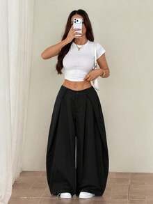 Pantalones anchos de verano con dobladillo curvo verde, estilo vintage, casual y para salir - Negro - Ver 4