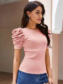 Clasi Camiseta Negra Con Mangas Abullonadas De Punto De Canalé - Rosa Pálido - Ver 3
