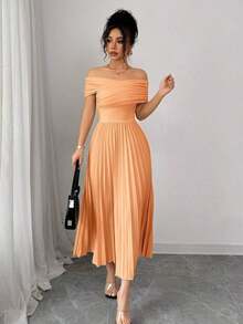 Vestido de mujer con hombros descubiertos y cintura plisada - Naranja - Ver 6