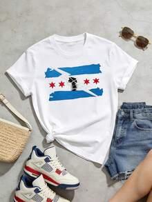 Women's Soft And Casual Short-Sleeved Crew Neck T-Shirt With A Chicago Flag Graphic Print, Perfect For Everyday Wear That Reflects City Pride. Black. - 白色 - 查看 5