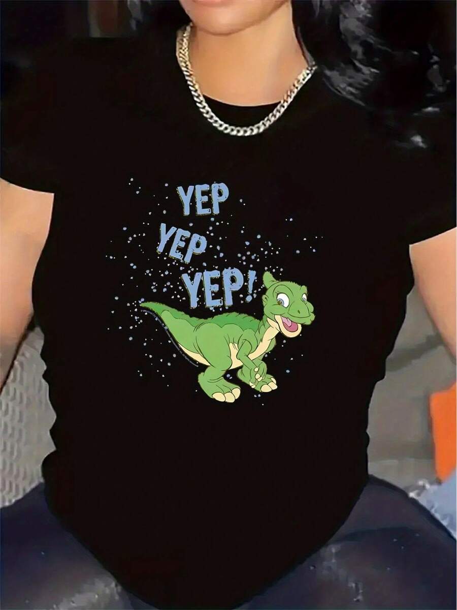 Dinosaur Graphic T-Shirt | Lightweight And Durable, Ideal For Home, Office Or Restaurant, Comfortable Fit, Stylish Design, Perfect For Everyday Wear, Crew Neck, Medium Stretch Fabric - 黑色 - 查看 1