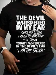 Women's Short-Sleeved T-Shirt With "I Am The Storm Against The Demons" Print, Casual Black Round Neck T-Shirt, Elastic, Machine Washable, Suitable For Sports And Leisure In Spring/Summer/Autumn. - 黑色 - 查看 1