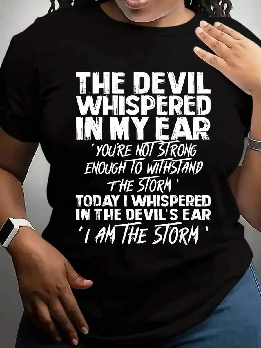 Women's Short-Sleeved T-Shirt With "I Am The Storm Against The Demons" Print, Casual Black Round Neck T-Shirt, Elastic, Machine Washable, Suitable For Sports And Leisure In Spring/Summer/Autumn. - 黑色 - 查看 1