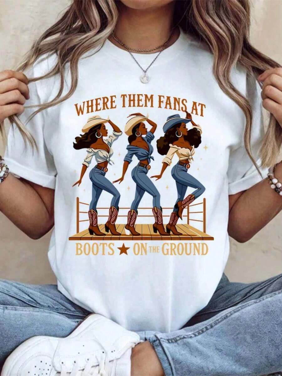 Women's Cotton T-Shirts With "Where Them Fans At Boots On The Ground Country Western" Design, Women's Shirt With Cowboy Hat And Jeans Design For Festivals, Parties And Casual Wear, Basic Women's Blouses. - 白色 - 查看 1