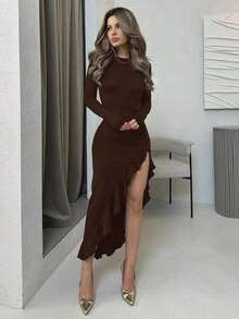 YHHJemour Vestido largo de manga larga con abertura lateral sexy de unicolor marrón, vestido de otoño primaveraYHH - Celeste - Ver 7