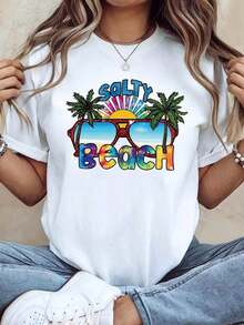 Women's Casual Short-Sleeved Crew Neck T-Shirt, 100% Cotton, With A Graphic Print Of Palm Trees And Sunglasses, Beach Style, For Spring-Summer, Ideal For Everyday Wear, Outings And As A Holiday Gift. - 白色 - 查看 7