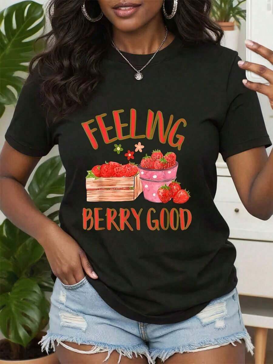 Camiseta Casual con Estampado de Fresas, Camiseta Retro con Gráfico de Fresas, Camiseta Vintage con Ilustración de Frutas, Regalo para Amantes de las Bayas Dulces, Ropa de Estilo Retro, Regalos Perfectos para Abuela y Madre. - Negro - Ver 1