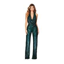 Monocromático dorado con lentejuelas, escote halter en V profundo, diseño de piernas anchas sin mangas, tejido brillante elástico ideal para fiestas nocturnas, eventos festivos y invierno, estilo sexy glamoroso perfecto para cenas elegantes y celebraciones - Verde Oscuro - Ver 5