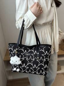 1 buah Tas Tote Bahu Wanita Modis Berbahan Serat Poliester dengan Dekorasi Awan, Kapasitas Besar, dan Resleting, Motif Bintang, Cocok untuk Penggunaan Sehari-hari di Musim Semi/Panas - Hitam dan Putih - View 4