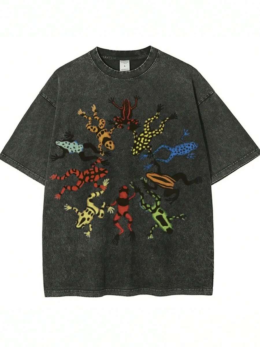 1 pieza de camiseta de algodón lavado con estampado de fiesta de ranas bailando, camiseta de marca de moda vintage de algodón batik de alta calidad, camiseta unisex, camiseta popular para uso diario, regalo para las fiestas, regalo perfecto, 180g 100% algodón. - Negro - Ver 1