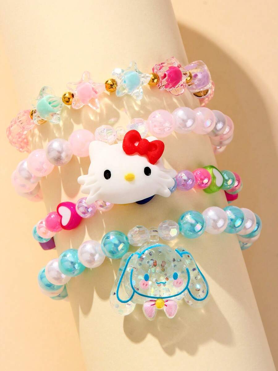 2pcs/Set Sanrio Cute Kitty Pendant Pearl Beaded Bracelet, Suitable For Holiday Party Campus Birthday Gift For Girls, Colorful Beads Random - Multicolor - View 1
