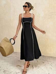 Frenchy Vestido midi con tiras anudadas y ribete de color contrastante para mujer - Negro - Ver 6