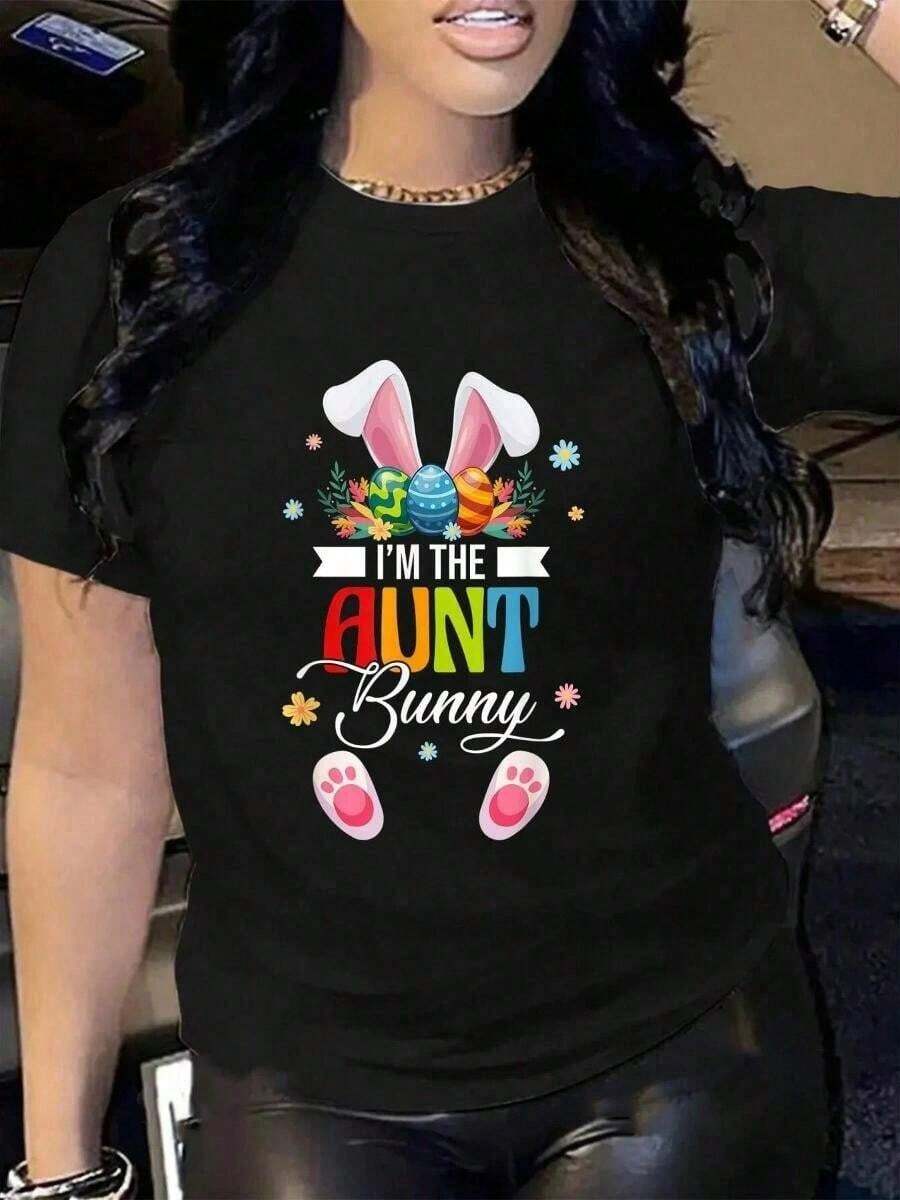 Camiseta Suave 100% Algodón con Estampado Divertido 'Soy La Tía Conejita' para Familias, Ideal para el Día de Pascua, para Hombres y Mujeres, Transpirable, Clásica, de Moda, para Verano, de Manga Corta. - Negro 2 - Ver 1
