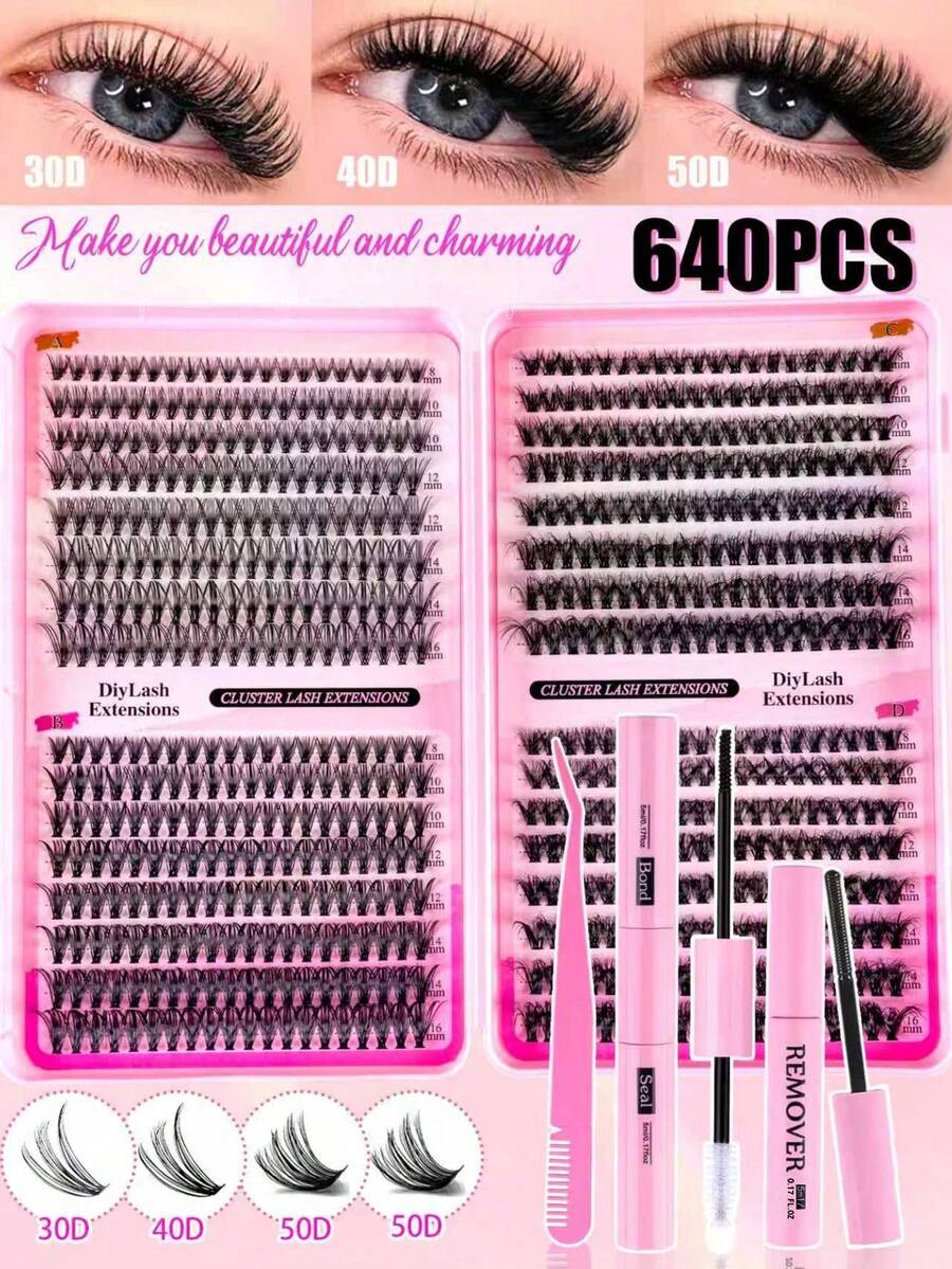 MEM 640/480片睫毛嫁接套装,DIY睫毛嫁接套装,单根睫毛簇,D型卷翘睫毛嫁接套装,包含胶水、封层剂、卸妆液和睫毛嫁接工具,适合日常使用、旅行、新手入门、婚礼、约会、派对、节日等场合,也是圣诞节/万圣节/送礼佳品。 - 黑色 - View 1